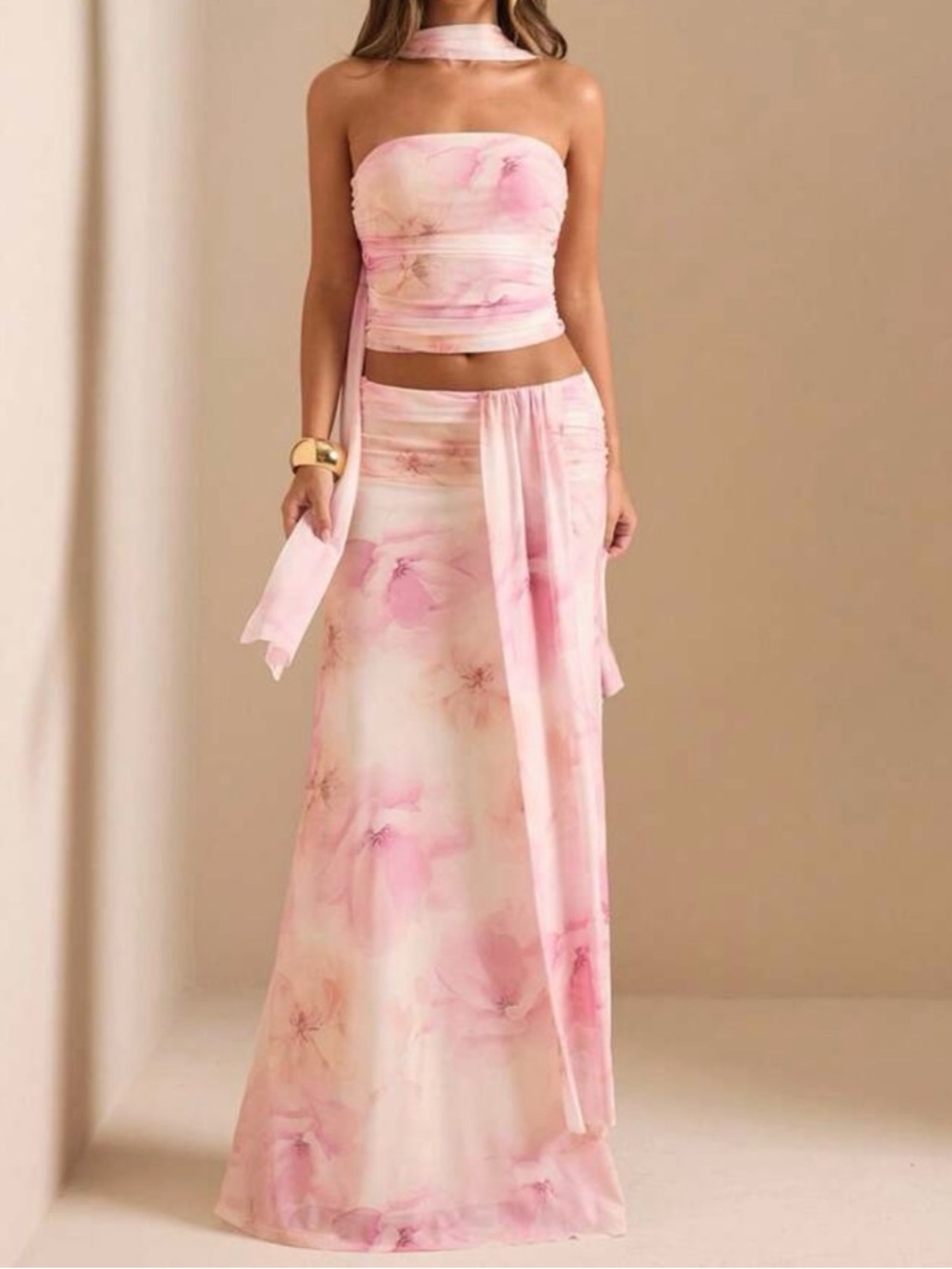 SHEIN Pink Watercolor Floral Maxi Skirt